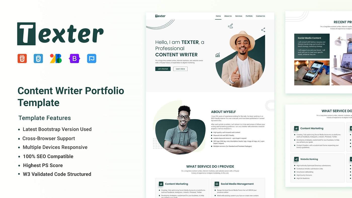 Texter Content Writer Portfolio Template One Page Template