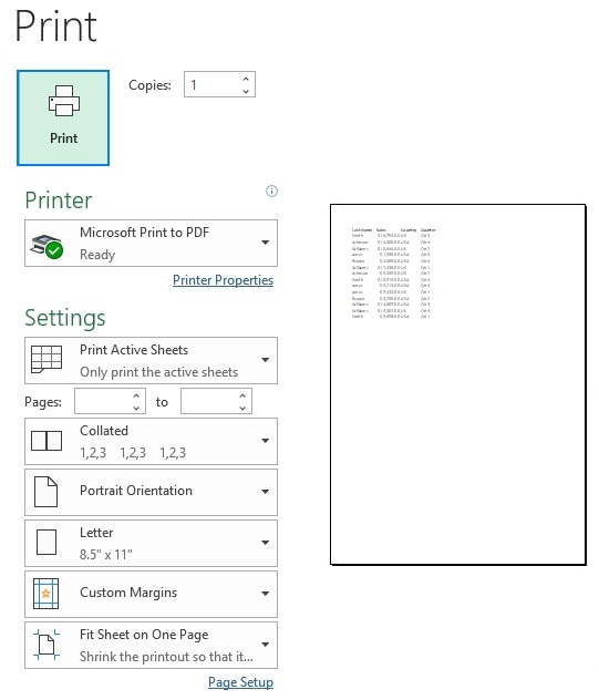 Print Preview Page in Excel