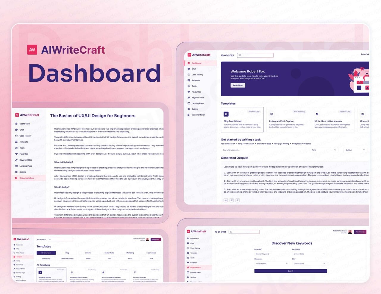 AIWriteCraft-Figma-SaaS-Dashboard-Template-for-AI-Writing | DesignToCodes