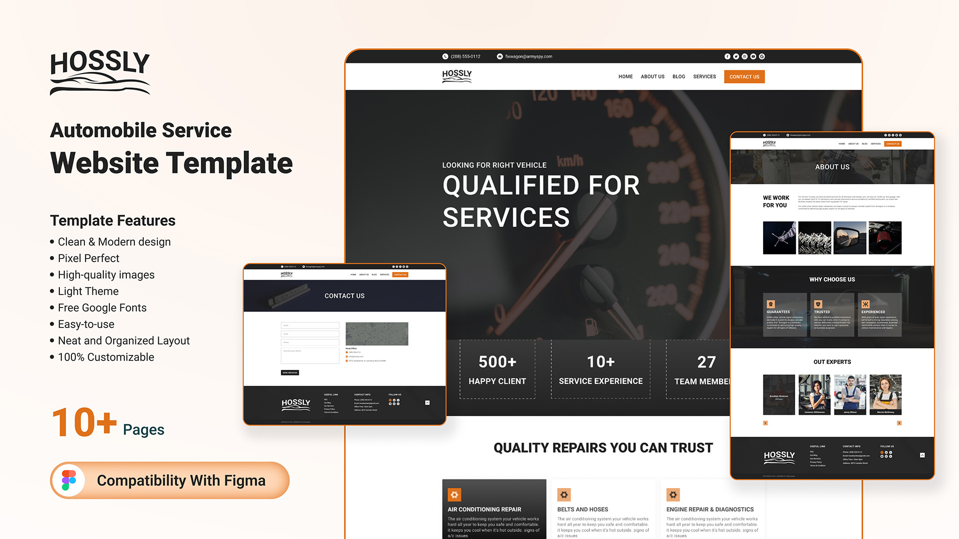 Hossly - Free Multipage Figma Template for Automobile Services