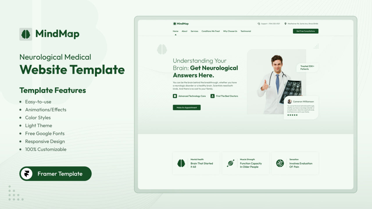 MindMap-Neurological-Medical-One-Page-Framer-Template-Thumbnail | DesignToCodes