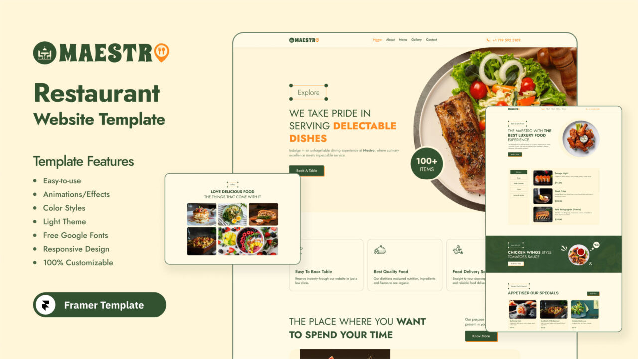 Maestro-Premium-Restaurant-Framer-Template-Thumbnail | DesignToCodes