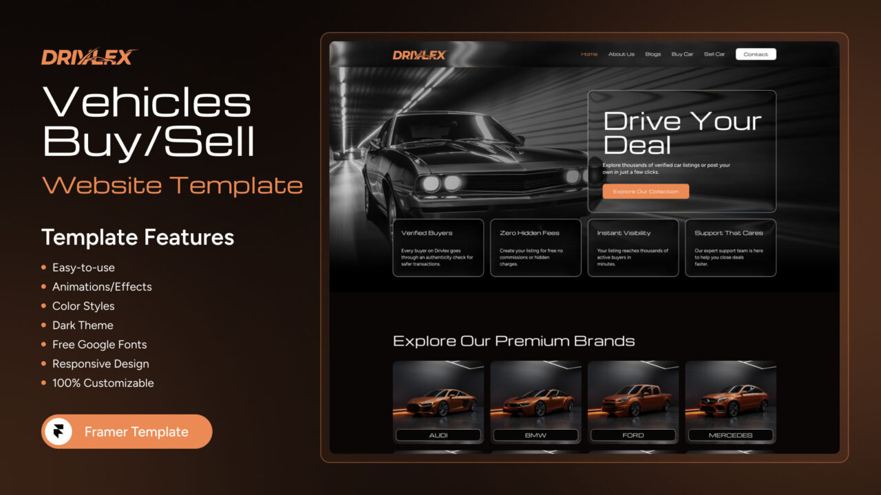 Drivlex-vehicles-buy-Sell-Framer-Template-Pro-UI-Thumbnail | DesignToCodes