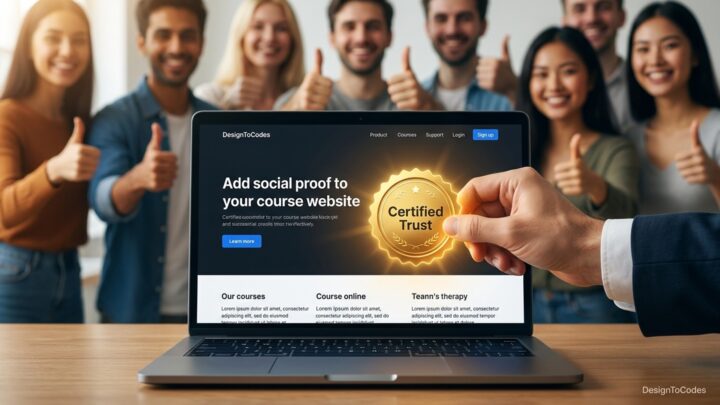 A laptop displaying an online course website with a 'Certified Trust' badge, held by a hand. A diverse group of people give thumbs up in the blurred background | DesignToCodes