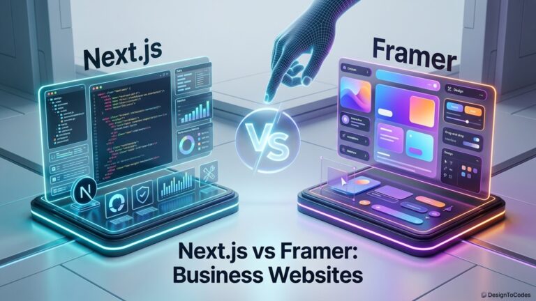 Two glowing holographic screens, one labeled 'Next.js' displaying code and data, the other 'Framer' showing UI design elements, with 'Vs' in between | DesignToCodes