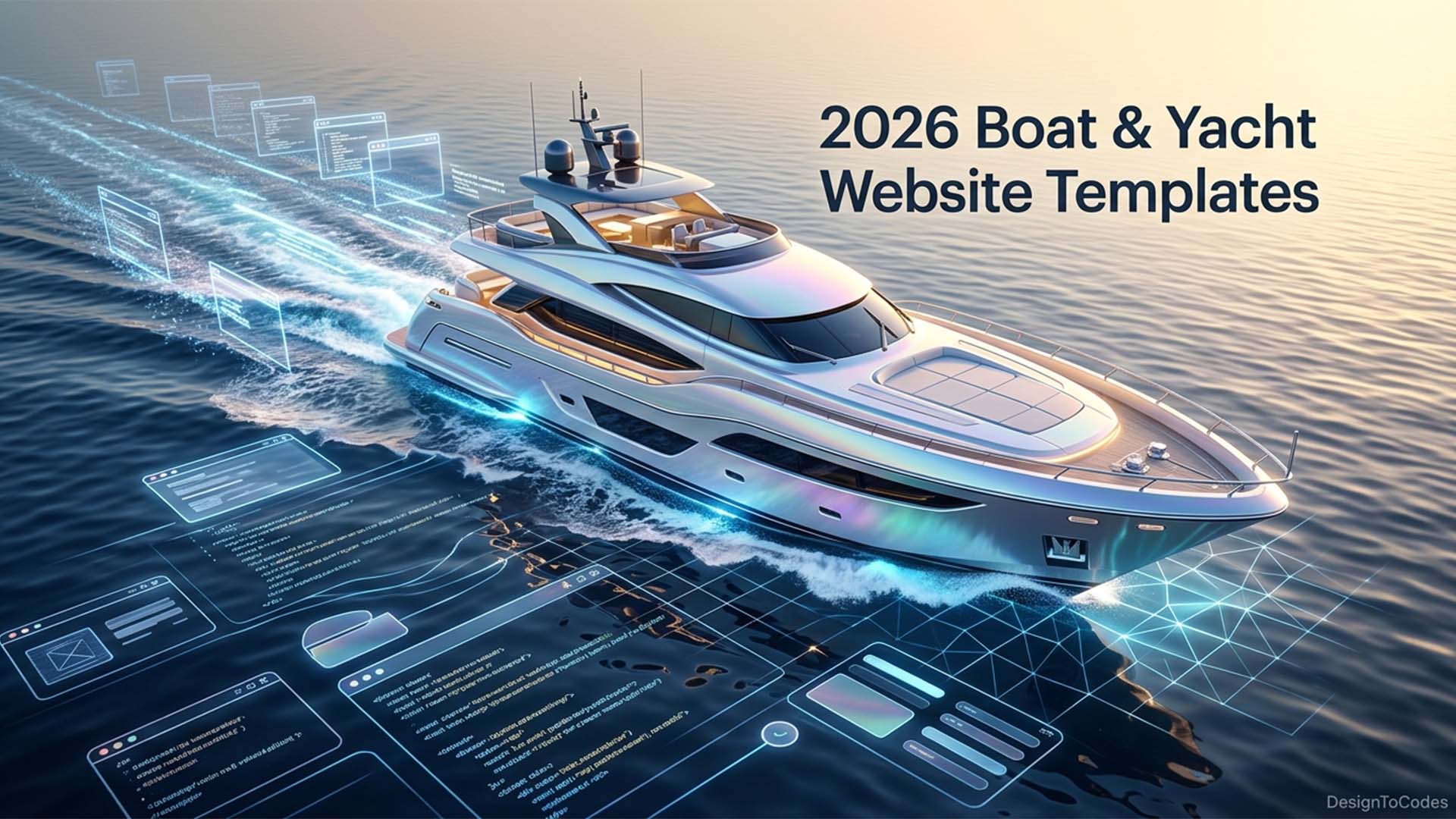 A luxury yacht cruises through water, surrounded by holographic digital code, windows, and a grid overlay, with text '2026 Boat & Yacht Website Templates' | DesignToCodes