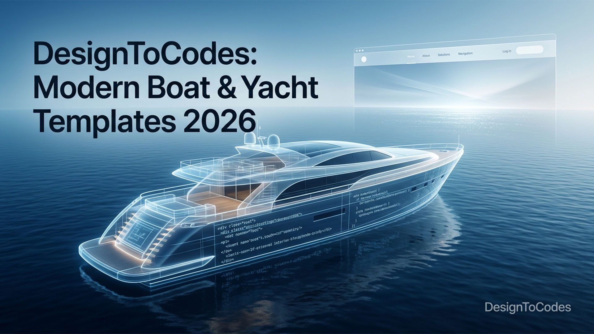 A glowing, futuristic wireframe of a luxury yacht on water with lines of code overlayed, next to a web browser interface | DesignToCodes