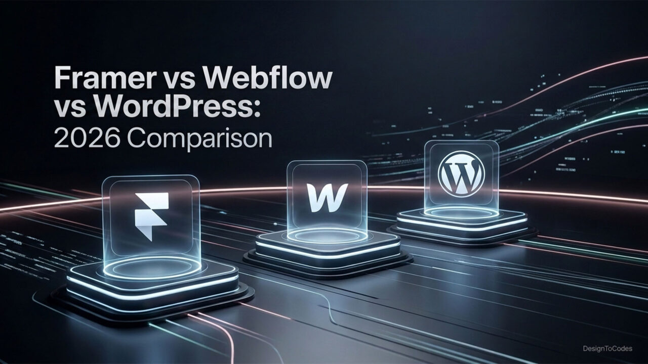 Three glowing holographic icons representing Framer, Webflow, and WordPress, each on a dark futuristic pedestal, with the text 'Framer vs Webflow vs WordPress: 2026 Comparison' above them | DesignToCodes