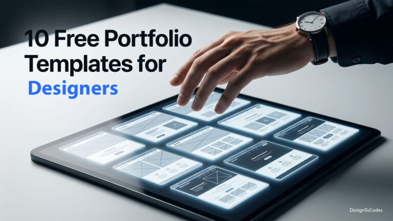 A person's hand reaching towards a tablet displaying a grid of ten different website wireframe designs, with text overlay | DesignToCodes