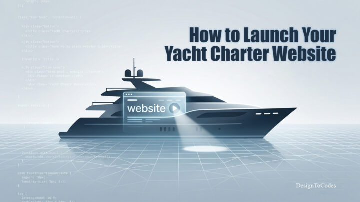 A sleek, dark grey yacht graphic with a translucent blue overlay displaying a 'website' window and play button, set against a grid background with code snippets and the title 'How to Launch Your Yacht Charter Website' | DesignToCodes