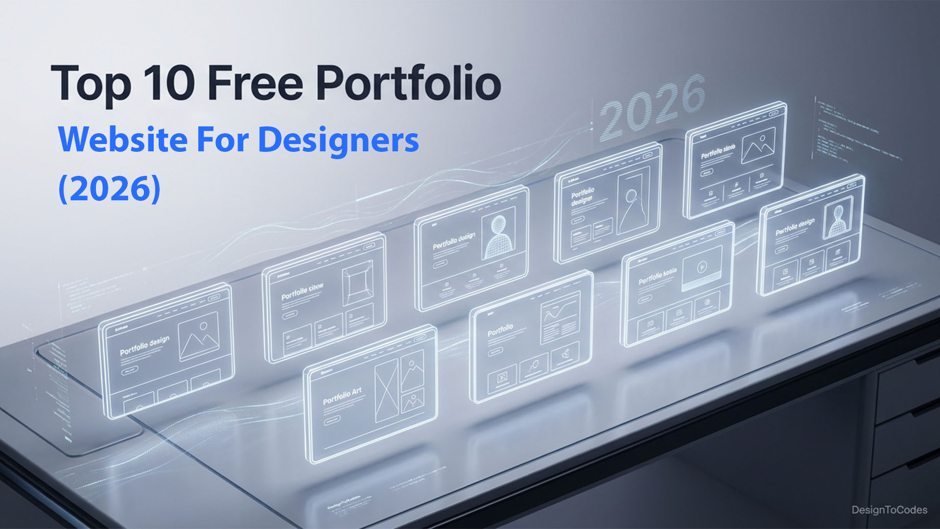 Digital graphic of a reflective surface displaying ten holographic wireframe browser windows, each depicting a 'Portfolio design' layout | DesignToCodes