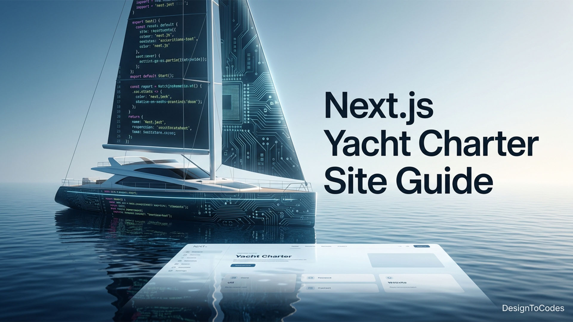 A modern yacht with circuit board patterns on its sail, floating on water. In the foreground, a tablet displays a yacht charter website interface. Text reads 'Next.js Yacht Charter Site Guide' | DesignToCodes