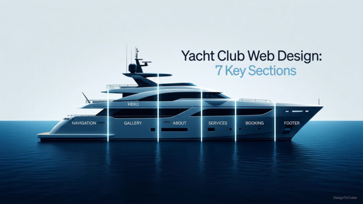 An infographic showing a sleek yacht on the water, segmented and labeled with 7 key web design sections: Navigation, Hero, Gallery, About, Services, Booking, and Footer | DesignToCodes
