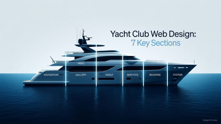 An infographic showing a sleek yacht on the water, segmented and labeled with 7 key web design sections: Navigation, Hero, Gallery, About, Services, Booking, and Footer | DesignToCodes