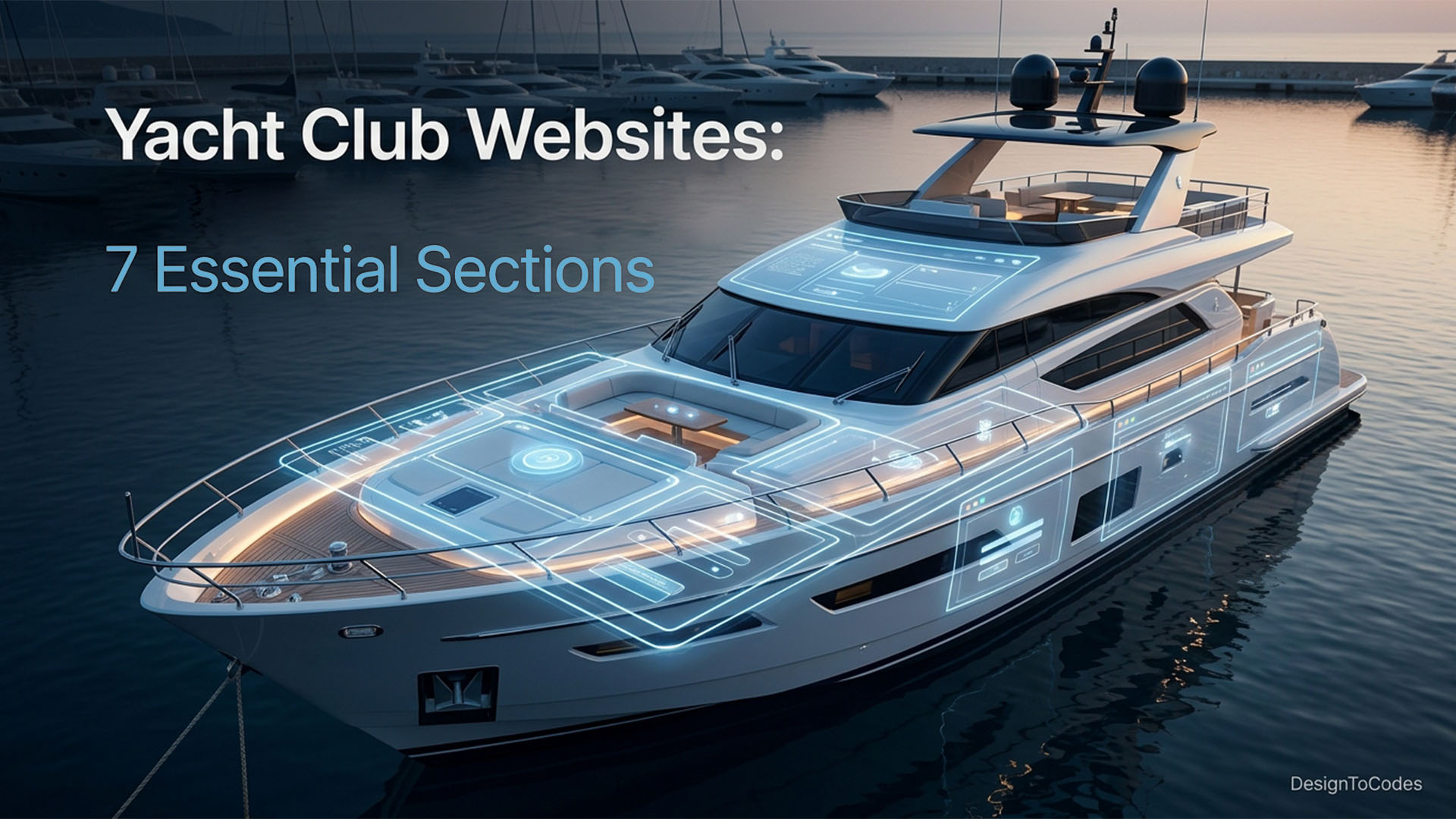A luxury yacht with glowing blue digital overlays illustrating website sections, docked in a marina at dusk. Text overlay reads 'Yacht Club Websites: 7 Essential Sections' | DesignToCodes