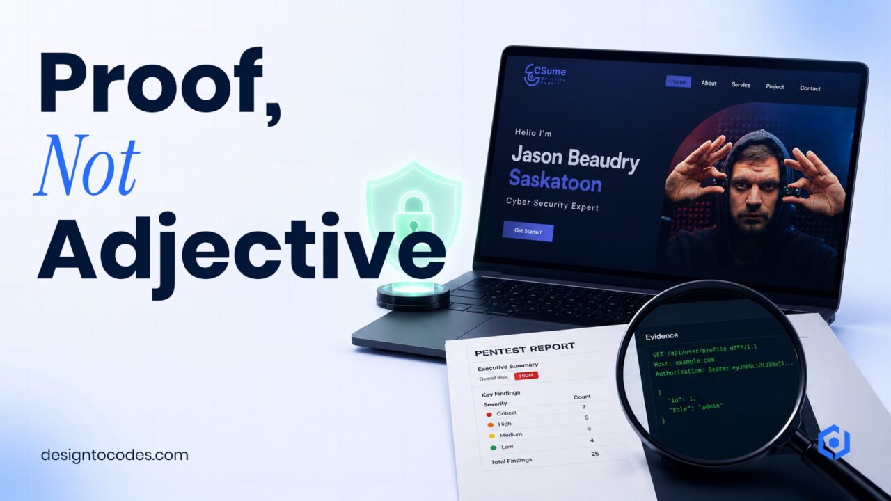 A laptop displaying a cyber security expert's portfolio, a glowing green shield icon, a magnifying glass over a pentest report, and code | DesignToCodes