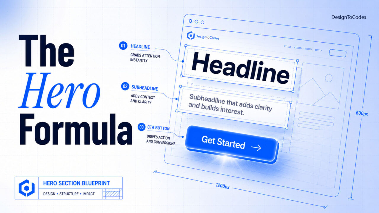 An infographic titled 'The Hero Formula' showing a blueprint for a website hero section with headline, subheadline, and CTA button components, including dimensions | DesignToCodes