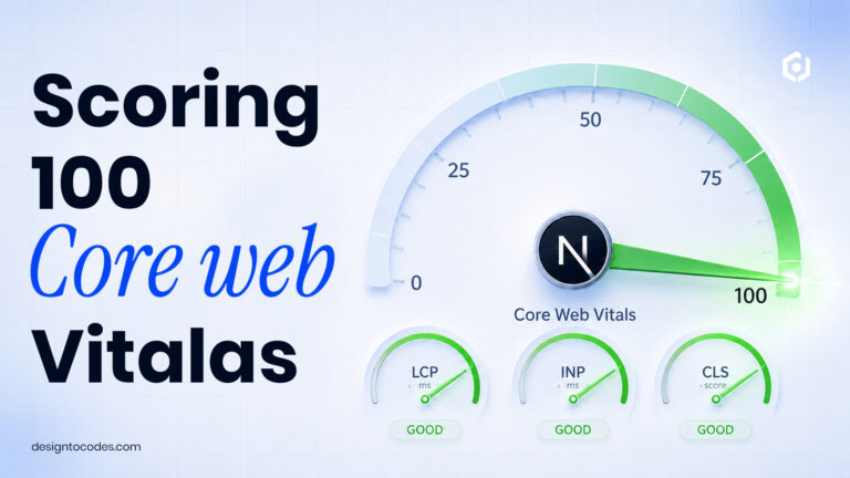 A digital gauge showing a score of 100 for 'Core Web Vitals' with 'Good' ratings for LCP, INP, and CLS below | DesignToCodes