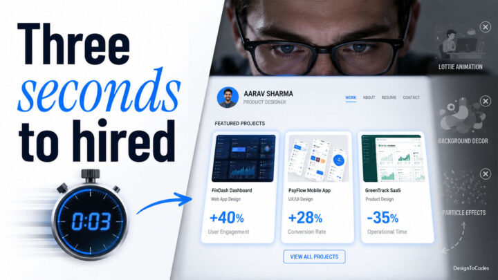 A split image showing a stopwatch on the left with '0:03' and 'Three seconds to hired', and a UI/UX designer's online portfolio on the right | DesignToCodes